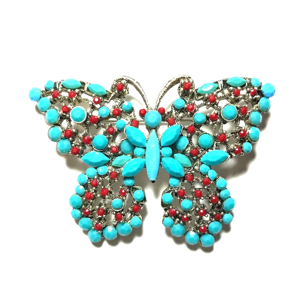 Turquoise & Coral Look Butterfly Brooch Pin Silver